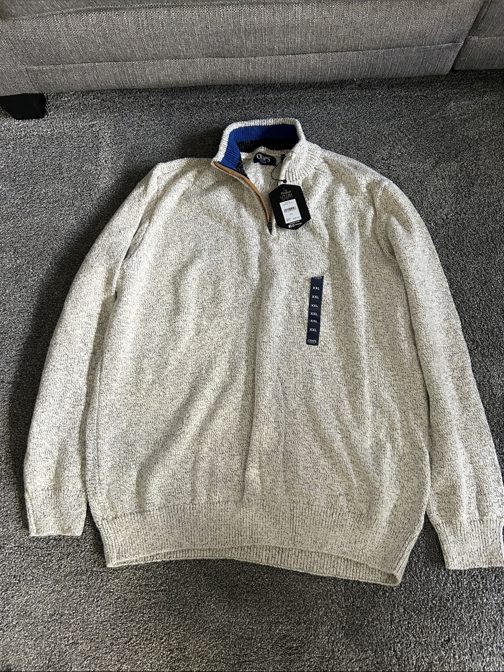 Chaps Men’s Cream Heather Zip-Up Sweater with Blue Collar Trim